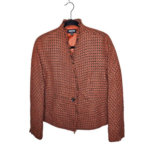 🦃 Kasper Petite Single Button Blazer Orange Black Tweed Woven Fringe Edge 12 P - Picture 1 of 11